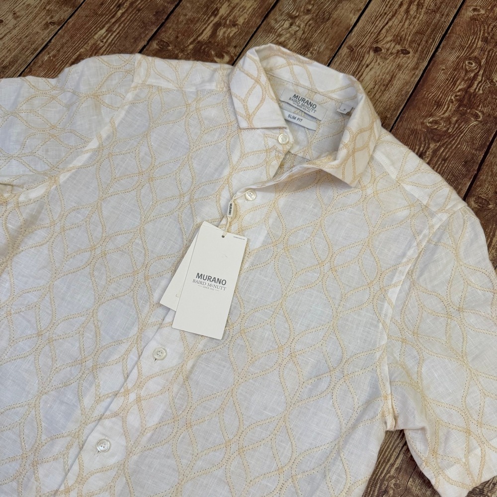 Murano Baird McNutt Shirt Mens Small White Tan Linen Slim Fit Embroidered NWT